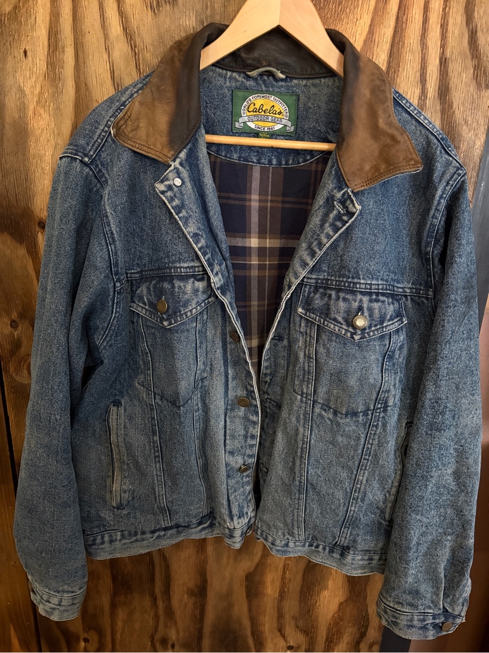 Cabela's Blue Denim Vintage Jacket with Brown Leather Collar